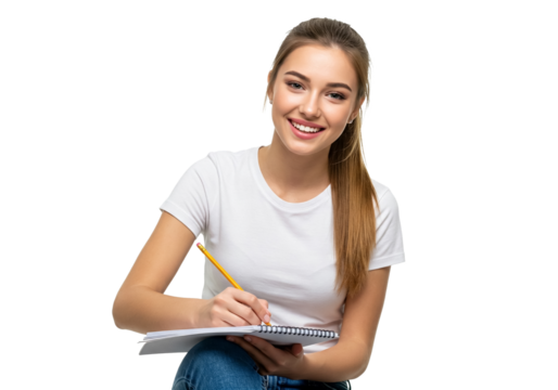 Smiling Student Writing Notes, transparent PNG, isolated, cut-out