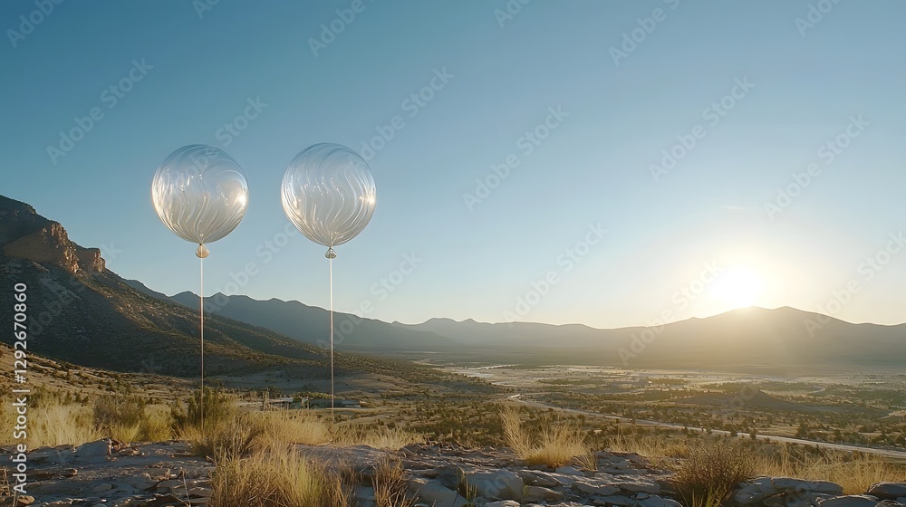 Poster ethereal and captivating glass balloons in various shapes and sizes floating effortlessly above a se