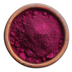 beetroot powder in a wooden bowl top view isolated on transparent white background, clipping path