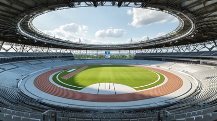 Expansive Olympic Style Stadium with Circular Running Track and Grand Open Air Design  The stadium features a circular racing track surrounded by tiered spectator seating