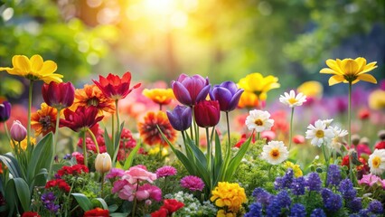 Colorful blooming flowers in a vibrant spring garden, plants, botanicals,  plants