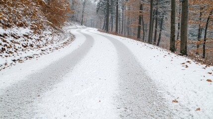 Obraz premium Snowy forest road winding through trees