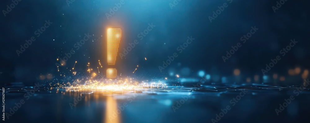 Poster glowing floating exclamation mark in a digital realm holographic display futuristic environment imme