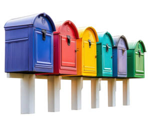 Colorful mailboxes lined up, each uniquely designed, create vibrant display. Their bright hues evoke cheerful atmosphere, perfect for any neighborhood