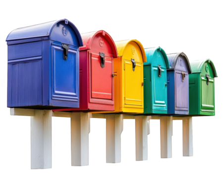 Colorful mailboxes lined up, each uniquely designed, create vibrant display. Their bright hues evoke cheerful atmosphere, perfect for any neighborhood