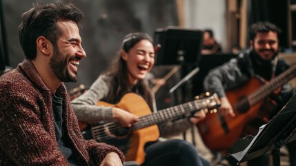 A group of musicians laughing during a rehearsal in a studio