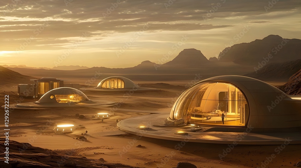 Poster Futuristic alien city architecture with domed habitats and structures adapted to the extreme conditions of a distant exoplanet landscape