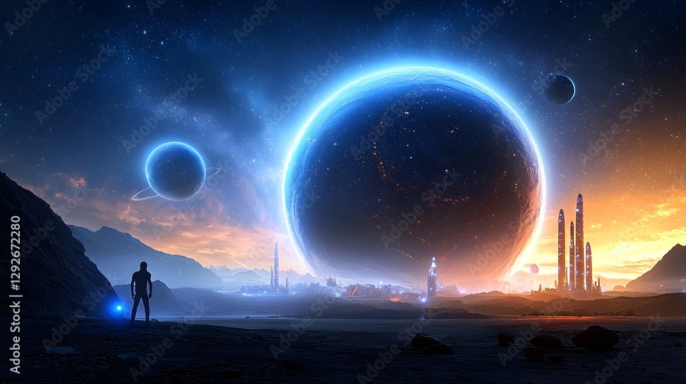 Poster Futuristic alien cityscape with floating structures and bioluminescent towers under a starry cosmic sky  This surreal conceptual scene depicts an otherworldly extraterrestrial landscape with advanced