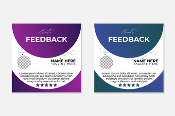 Modern creative client testimonial or square shape social media post design, customer service feedback review post template with star ratings.