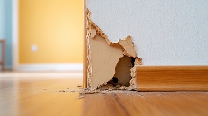 Damaged drywall corner with exposed interior, highlighting the need for home repair and pest control