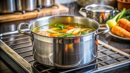 Simmering Vegetable Broth on Stove, simmering pot