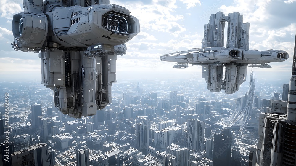 Poster futuristic antigravity city skyline with massive structures effortlessly floating and lifting in an 