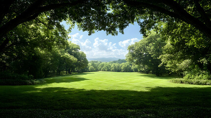 Fototapeta premium Lush green park, sunny day, tree archway, scenic view, nature background
