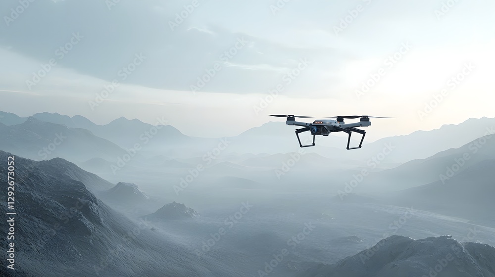 Poster Futuristic drone equipped with advanced sensors scanning an otherworldly alien landscape shrouded in mysterious fog and mist