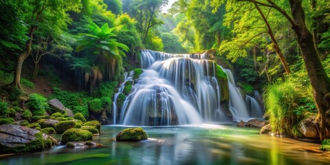 waterfall in forest surroundings with lush greenery and flowing water, nature, outdoors,  nature