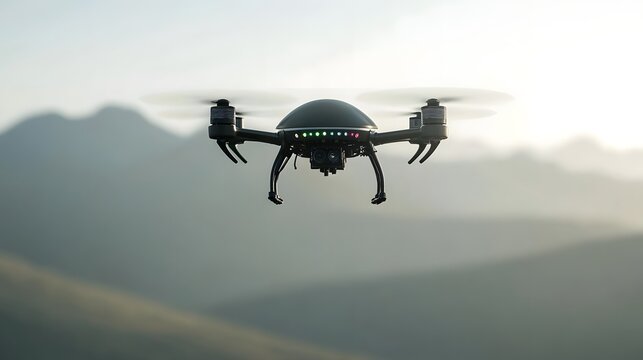 Futuristic extraterrestrial drone hovering over an alien landscape using advanced sensors and intelligence to scan and explore the mysterious environment