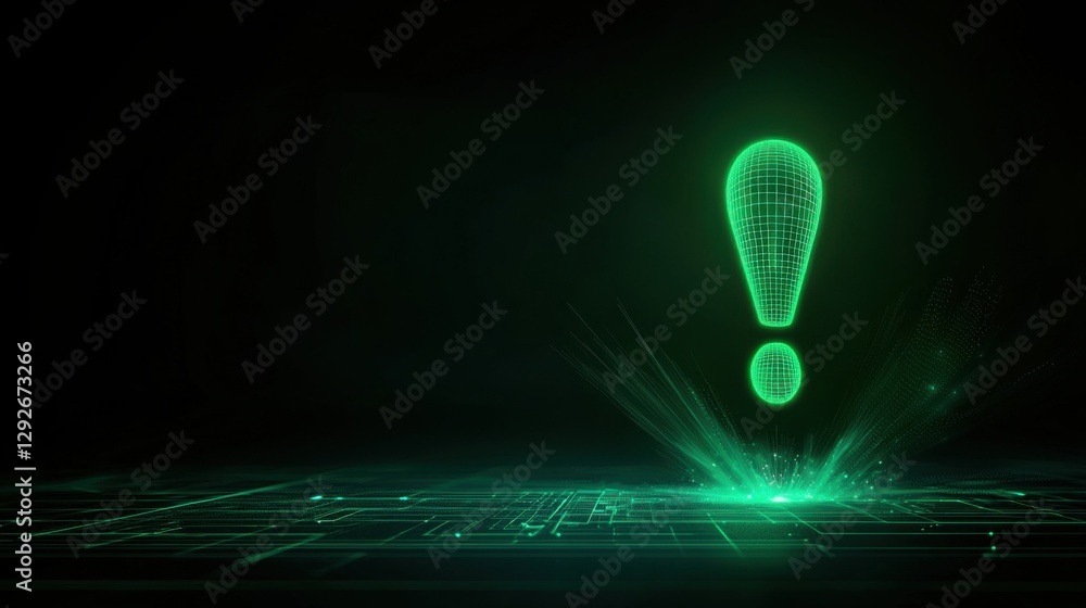 Poster futuristic exclamation mark display digital realm 3d visuals cyber environment aerial view abstract 