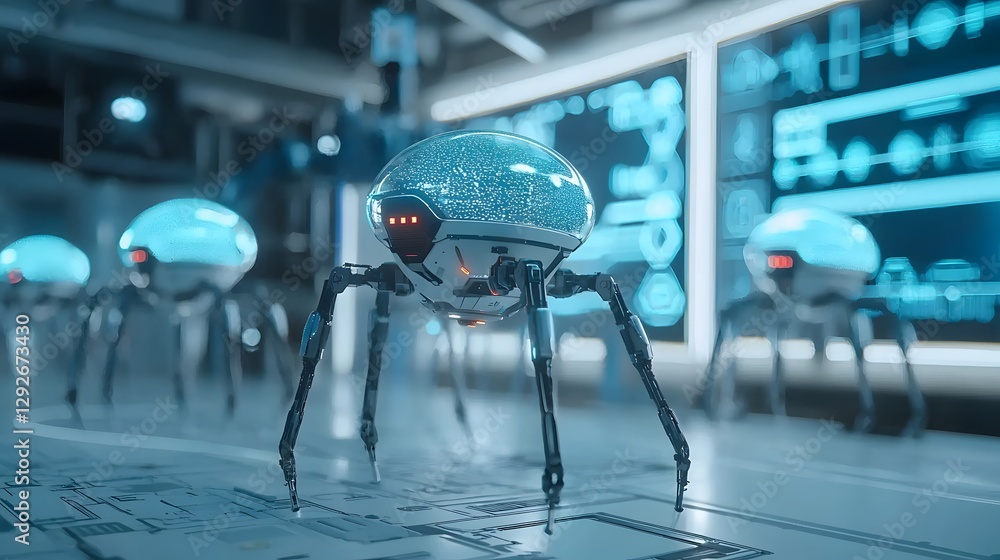 Poster Futuristic scene of hovering robotic repair bots utilizing energy pulses to restore and revitalize damaged high tech machinery and equipment in a science fiction industrial setting