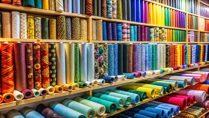 Fototapeta premium Fabric Rolls Displayed in Colorful Shop, fabric swatches