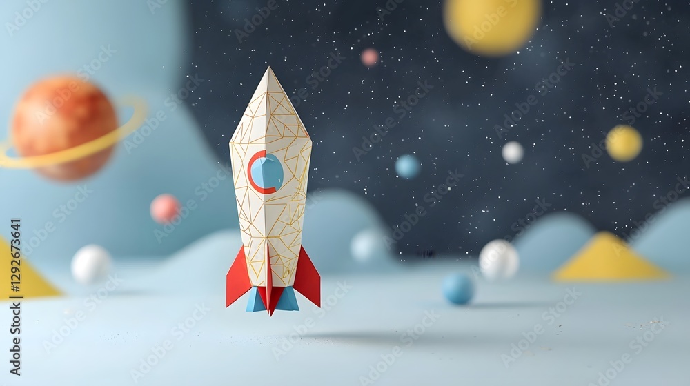 Fototapete Geometric Paper Rocket Floating in a Zero Gravity Space Environment with Abstract Shapes and Patterns  Conceptual Futuristic Design for Science Technology and