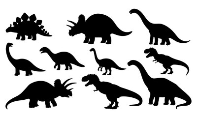 Vector illustration of dinosaur silhouette including Stegosaurus, Brontosaurus, Velociraptor, Triceratops, Tyrannosaurus rex, and Spinosaurus.