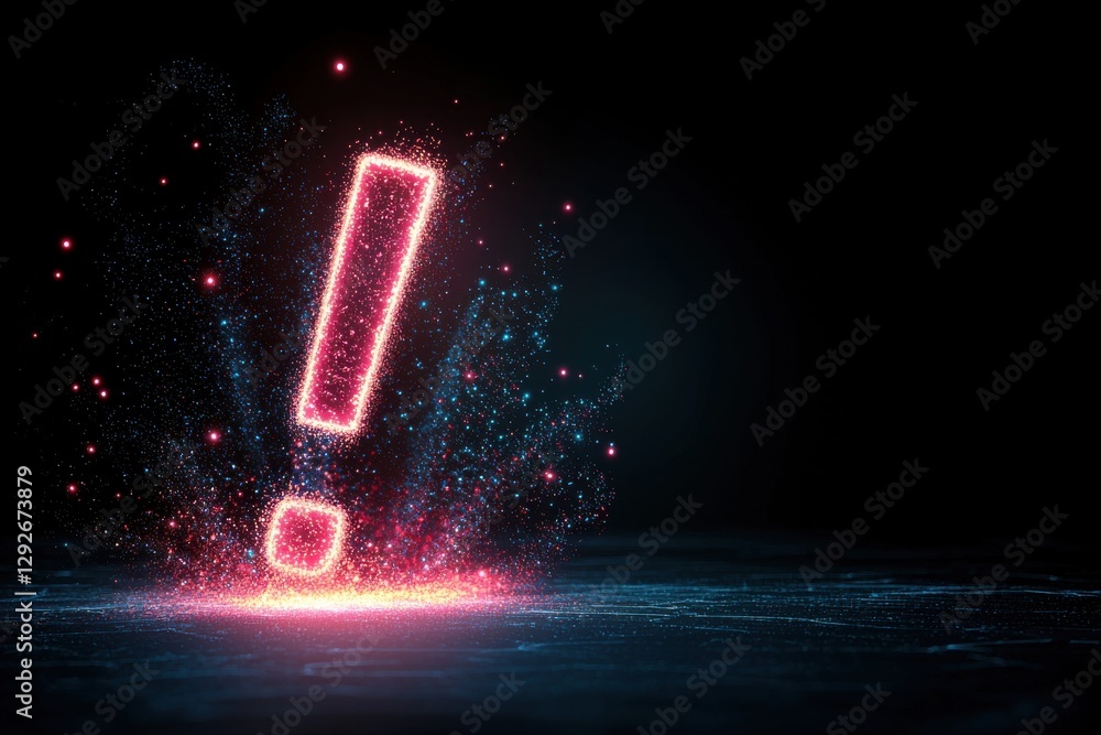 Poster glitching exclamation mark art virtual space digital design abstract environment upward perspective 