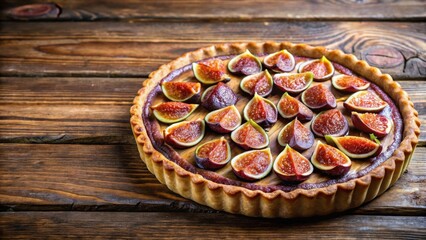 Crispy whole wheat pastry crust filled with rich chocolate frangipane and sweet caramelized figs, set against a rustic wooden table , whole wheat tarts, baked goods