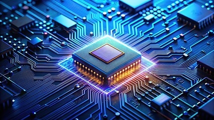 Architectural photo: glowing microchip, cutting-edge tech.