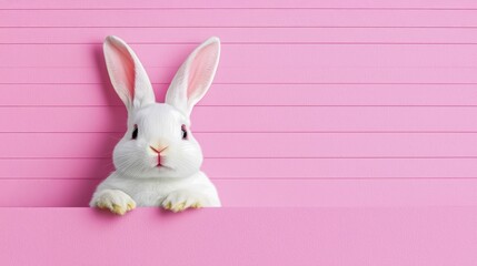 Obraz premium A cute white rabbit with pink ears peeks over a pink backdrop, creating a playful and cheerful atmosphere ideal for spring or Easter themes, Easter