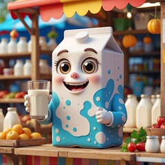 Cute Smiling Milk Carton Character Holding Fresh Milk in a Cheerful Market Stall – Cartoon Style