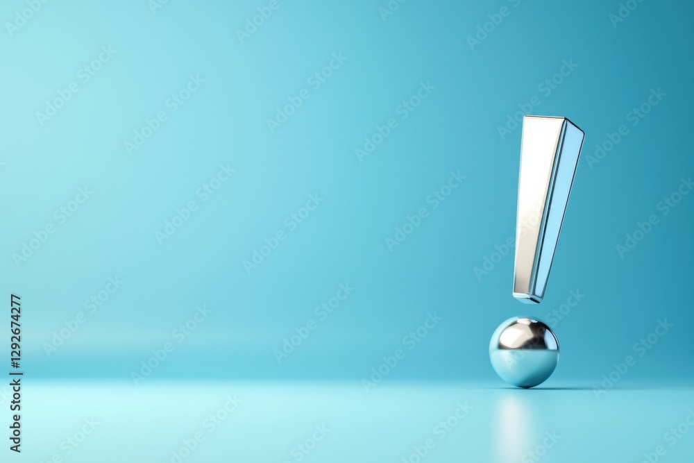 Poster reflective floating silver exclamation mark in minimalist setting