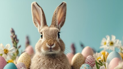 A cute rabbit surrounded by colorful Easter eggs and flowers, creating a festive and cheerful spring scene, Easter