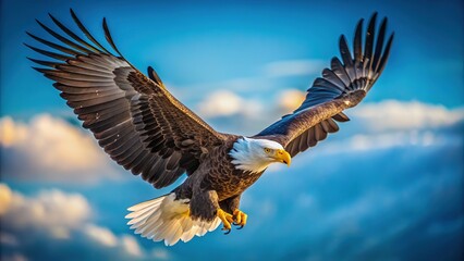 Obraz premium Bald eagle's powerful flight, minimalist view.