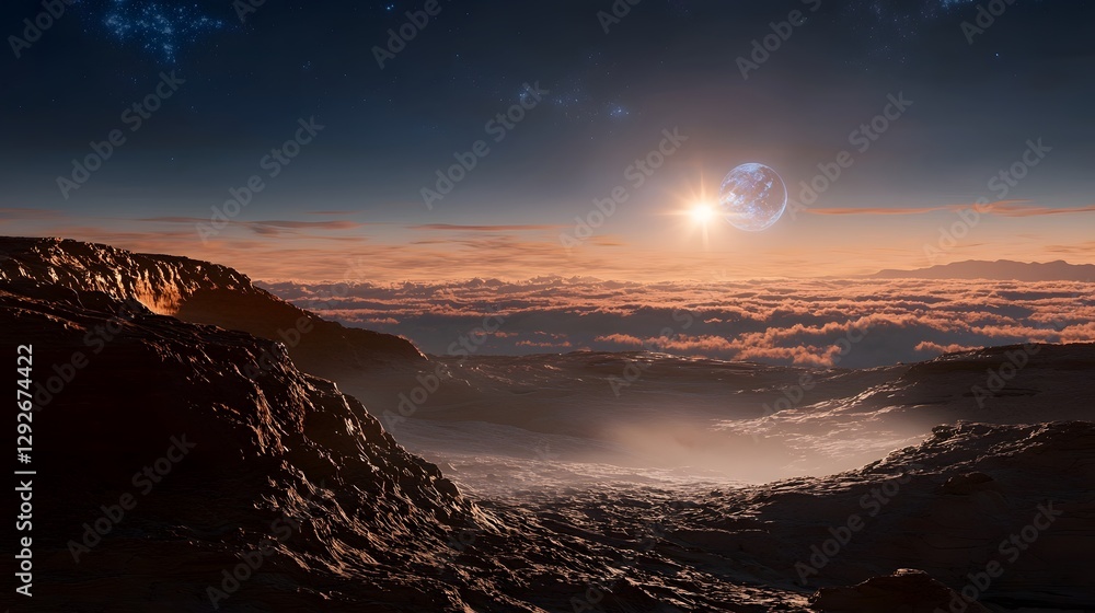 Poster interstellar observatory situated on the surface of the exoplanet proxima b observing and capturing 