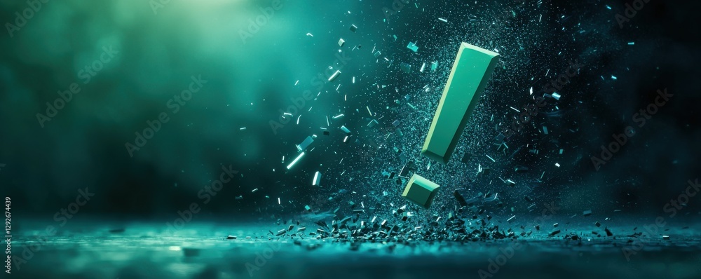 Poster digital pixels explode exclamation mark breaks apart in a futuristic environment