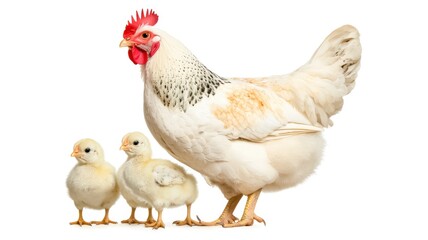 Fototapeta premium A hen stands protectively with two fluffy chicks against a plain background, showcasing a nurturing family dynamic in the animal kingdom, on white background