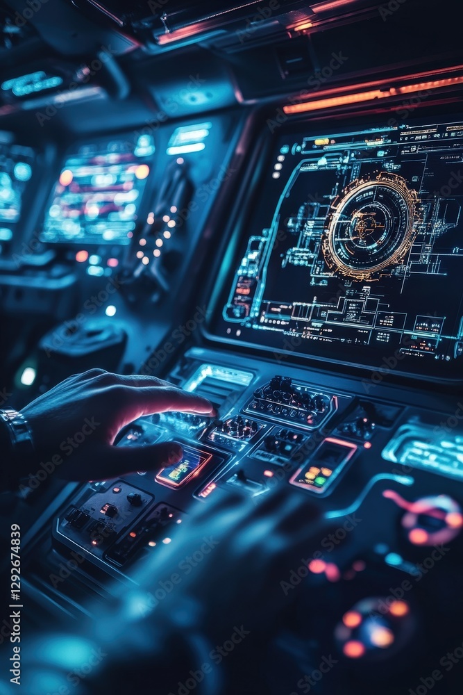 Poster a holographic ai assistant navigating a spaceship control panel