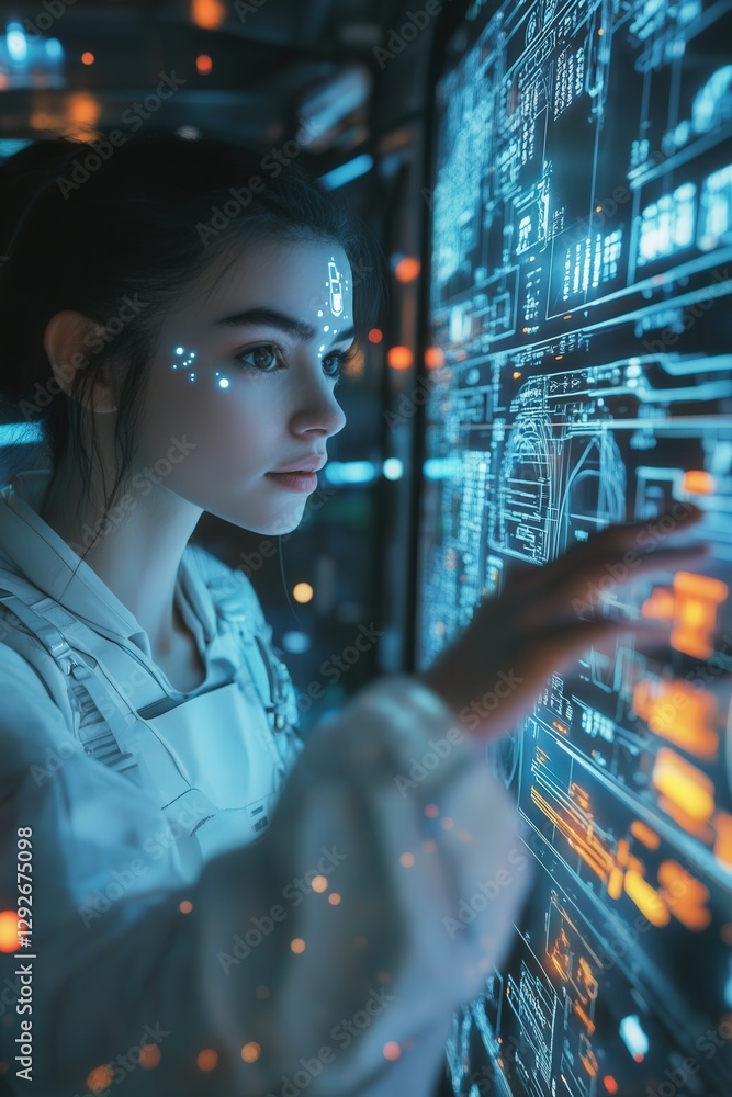 Poster a holographic ai assistant navigating a spaceship control panel