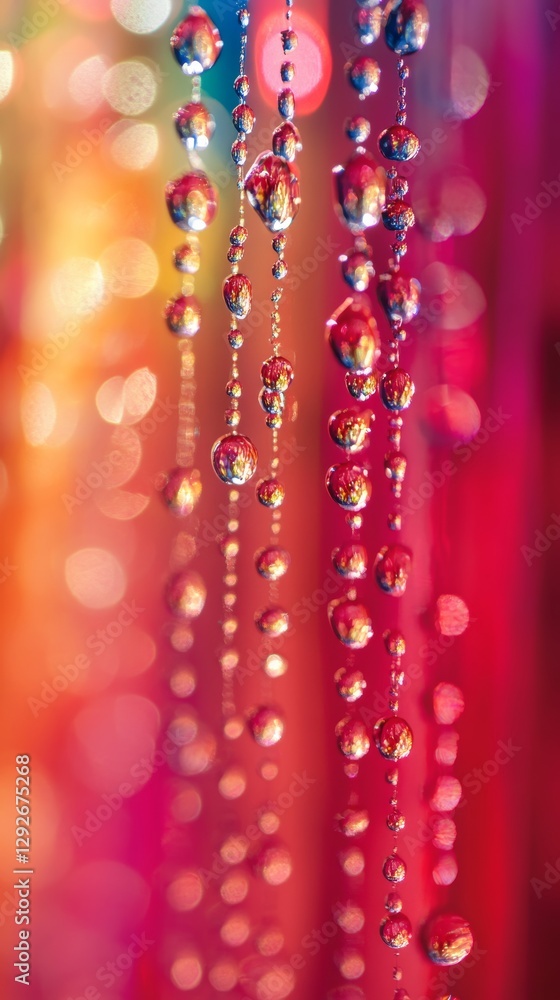 Aufkleber Colorful close-up of water droplets on hanging strings with vibrant bokeh effect in background. Abstract art and photography concept