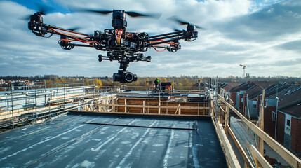 Naklejka premium Drone aerial photography construction site building project modern sky work roof city high view urban