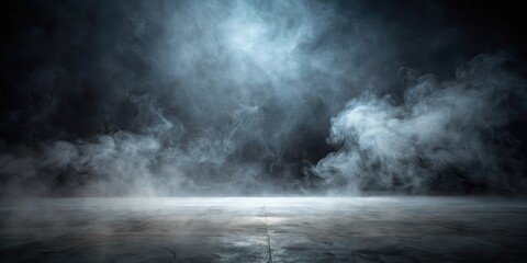 A dimly lit empty floor with a dense haze of smoke suspended in the air on a dark background