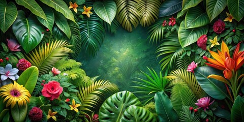 Exotic tropical leaves arranged in a lush green setting, forming a natural paradise backdrop with intricate vines and colorful flowers , tropical, background