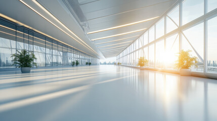 The modern, open curved hall has large Windows through which light pours in
