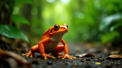 Naklejka premium An orange frog with large eyes is sitting on a forest floor, surrounded by green foliage and small pebbles.
