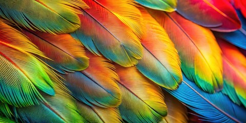 Fototapeta premium Delicate bird feathers in close-up, showcasing vibrant colors and intricate patterns, nature, colorful