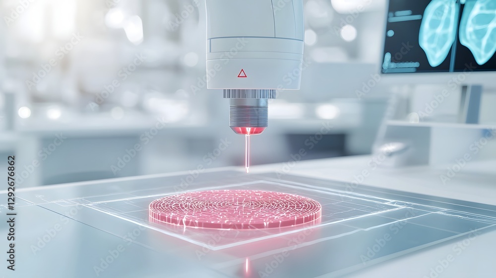 Poster macro close up image of a highly precise laser scalpel cutting into medical tissue showcasing the ad