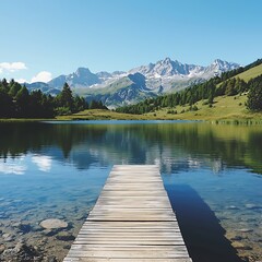 Fototapeta premium A serene alpine lake with a wooden pier extending into the still water under a clear blue sky