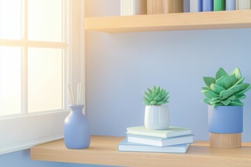 Bright And Inviting Home Office Backdrop With Shelves, Plants, And Books Creating A Calm Workspace Atmosphere For Presentations