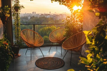 Sunrise illuminates three rattan chairs on a balcony overlooking a city. Perfect for relaxation, tranquility, and urban lifestyle concepts.