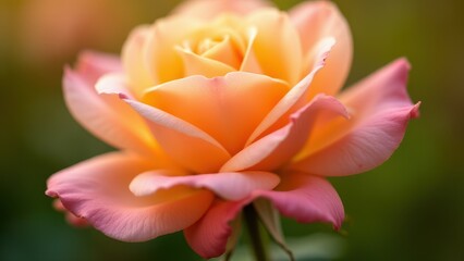 A beautiful close-up of a peach rose with delicate petals in shades of peach and pink.